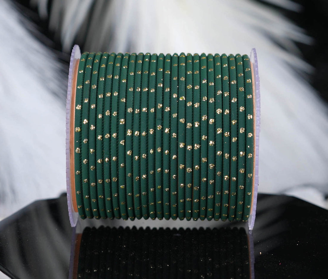Dark Green Dot Design Matte Finish Metal Bangle for Women & Girls (Pack of 24)
