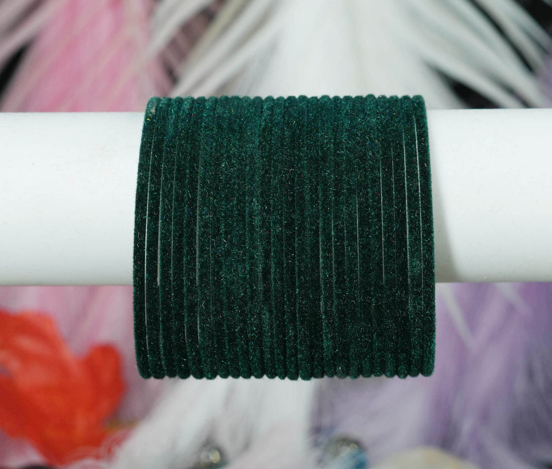 Dark Green Velvet Metal Bangles for Women & Girls (Pack of 24)