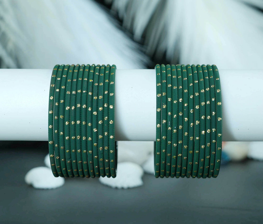 Dark Green Dot Design Matte Finish Metal Bangle for Women & Girls (Pack of 24)