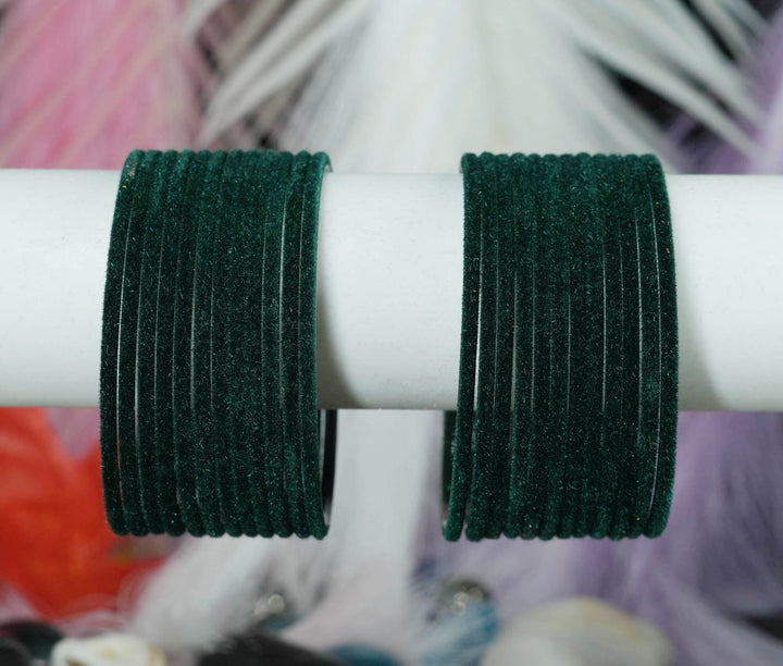 Dark Green Velvet Metal Bangles for Women & Girls (Pack of 24)