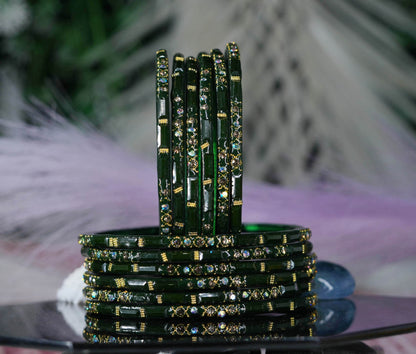 Zircon Gemstone Studded Glass Bangles for Women & Girls (Pack of 12 Bangles)