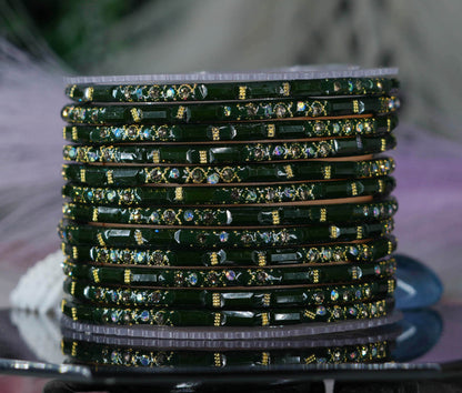 Zircon Gemstone Studded Glass Bangles for Women & Girls (Pack of 12 Bangles)