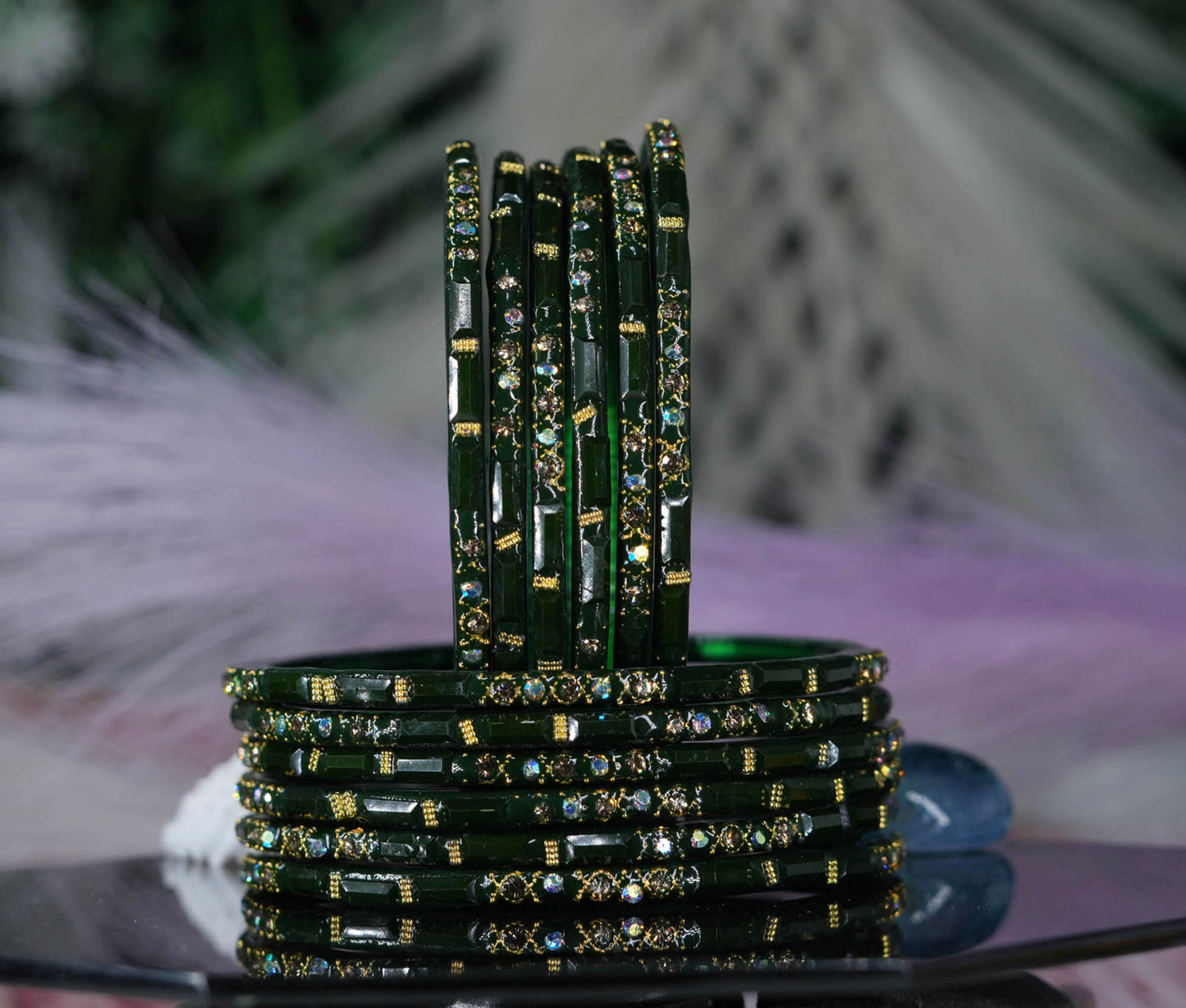 Zircon Gemstone Studded Glass Bangles for Women & Girls (Pack of 12 Bangles)