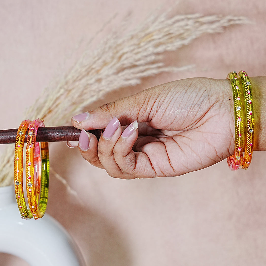 Glass Kada Bangles for Women & Girls | Meenakari with Stone Work (Pack of 4 kada)