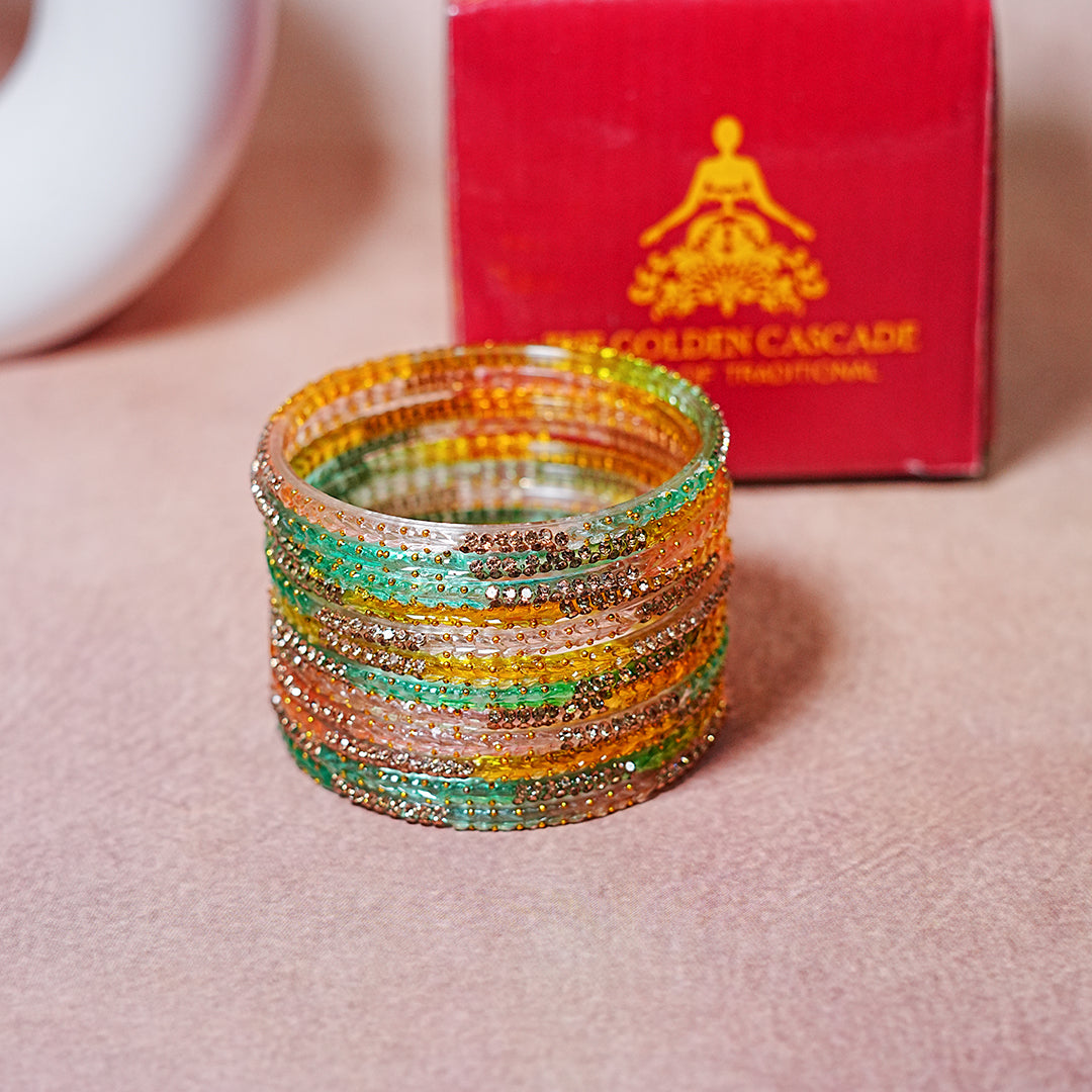 Traditional Glass Bangle with Golden Balls & Beads Studded for Women & Girls (Pack of 12 Bangles)