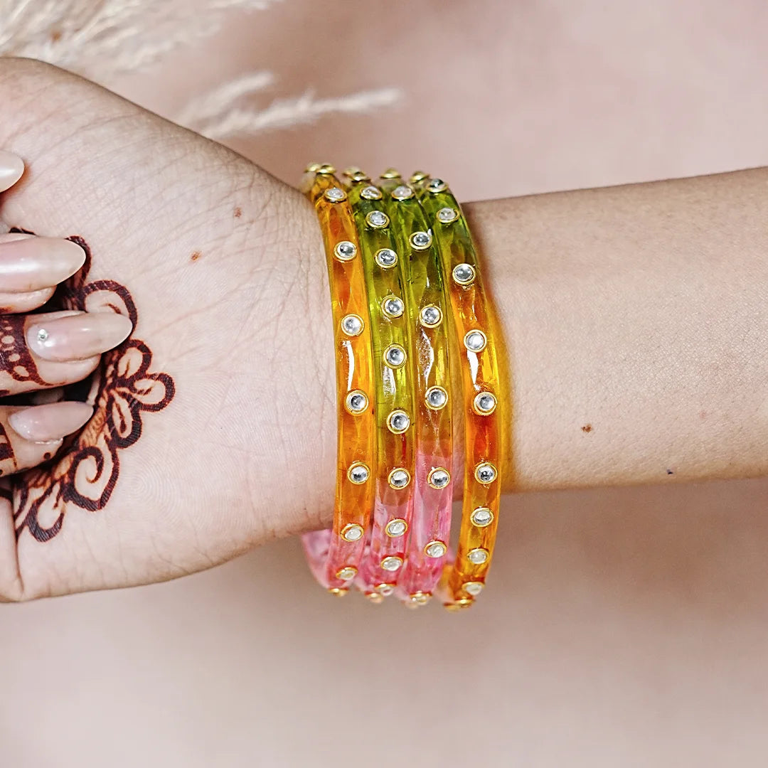 Fancy Glass Kada Bangles with Kundan Work and Smooth Finish for Women & Girls (Pack of 4)