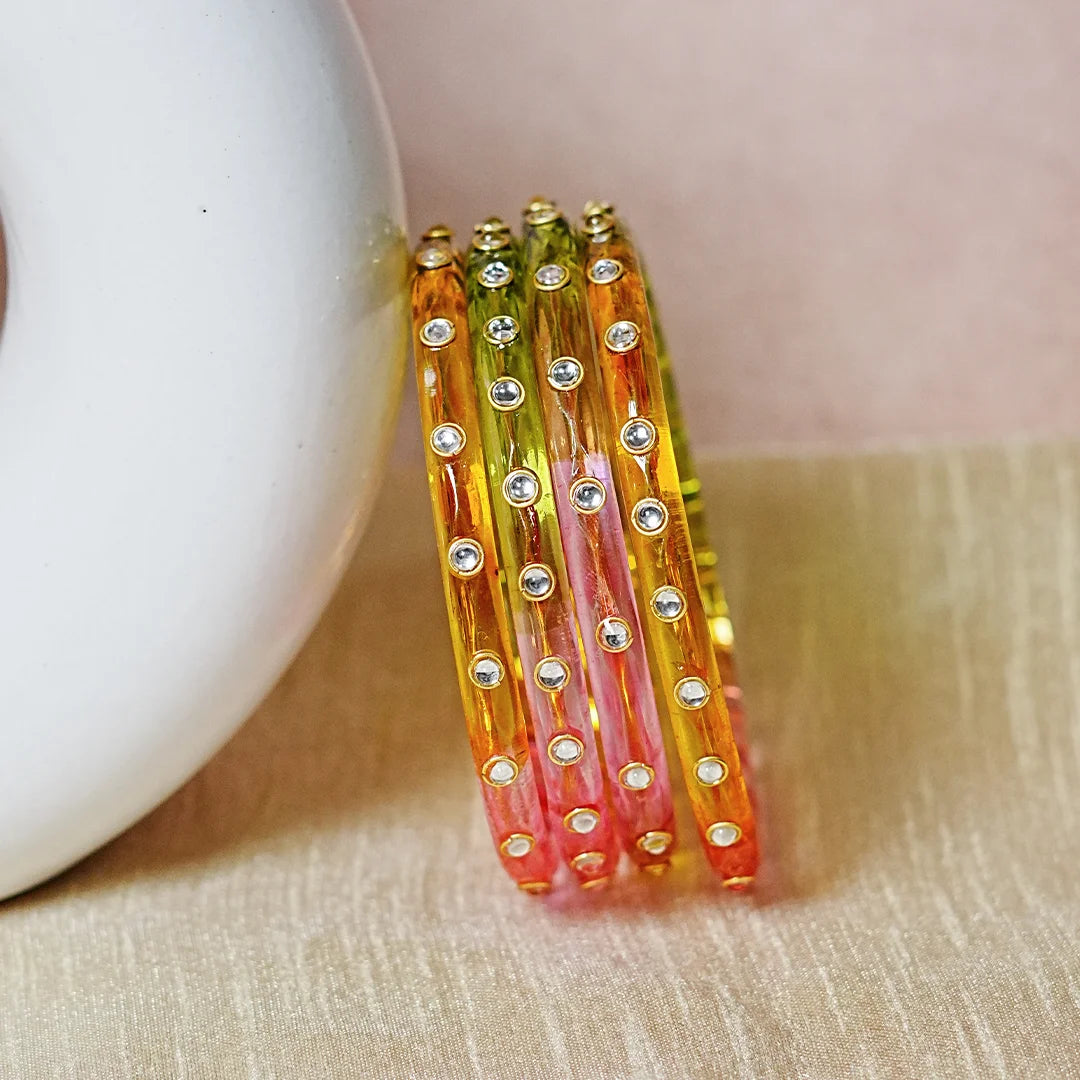 Fancy Glass Kada Bangles with Kundan Work and Smooth Finish for Women & Girls (Pack of 4)
