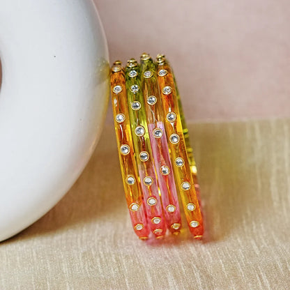 Fancy Glass Kada Bangles with Kundan Work and Smooth Finish for Women & Girls (Pack of 4)
