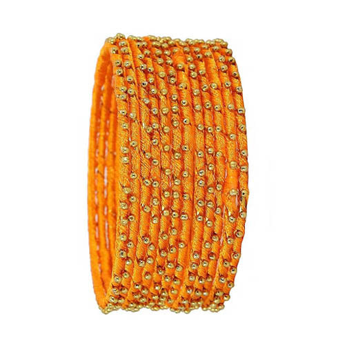 Mango Yellow Color Silk Thread Work Metal Bangles for Women
