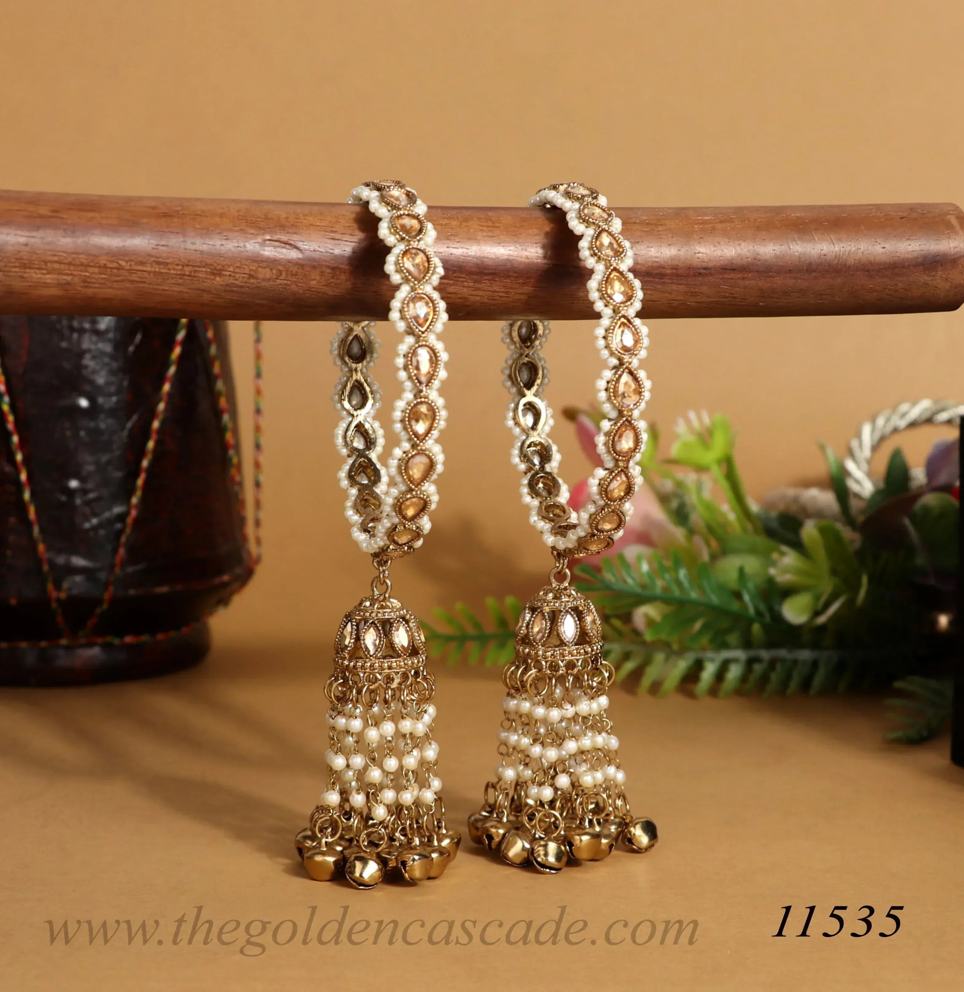 Designer Kundan Work Metal Kada with Pearl Jhumki for Women (Pack of 2) - The Golden Cascade