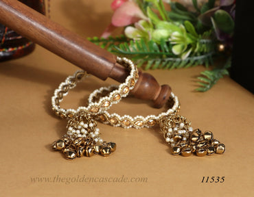 Designer Kundan Work Metal Kada with Pearl Jhumki for Women (Pack of 2) - The Golden Cascade