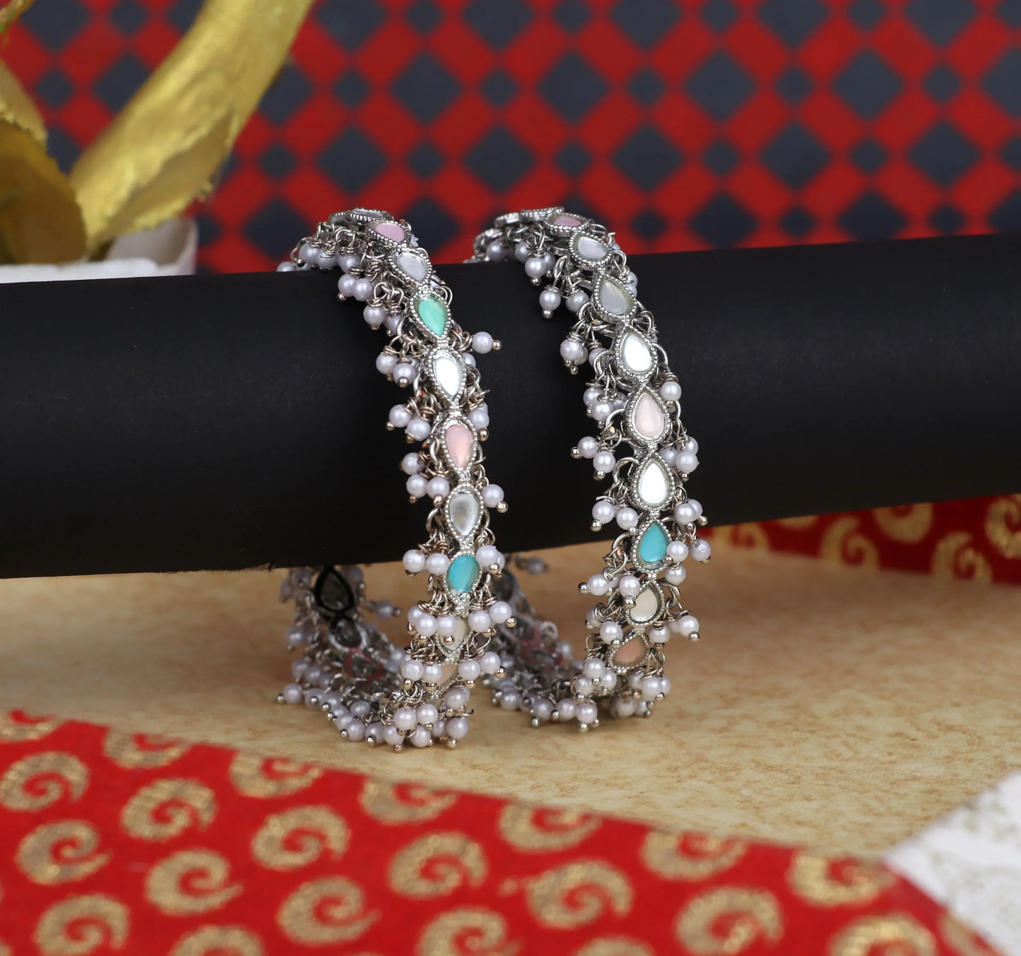 Multicolor Mirror Work Metal Kada for Women with Pearl (Pack Of 2)