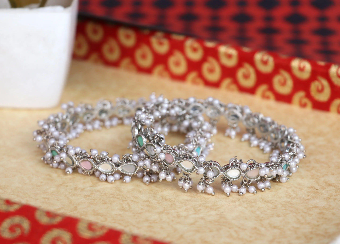 Multicolor Mirror Work Metal Kada for Women with Pearl (Pack Of 2)