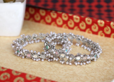 Multicolor Mirror Work Metal Kada for Women with Pearl (Pack Of 2)