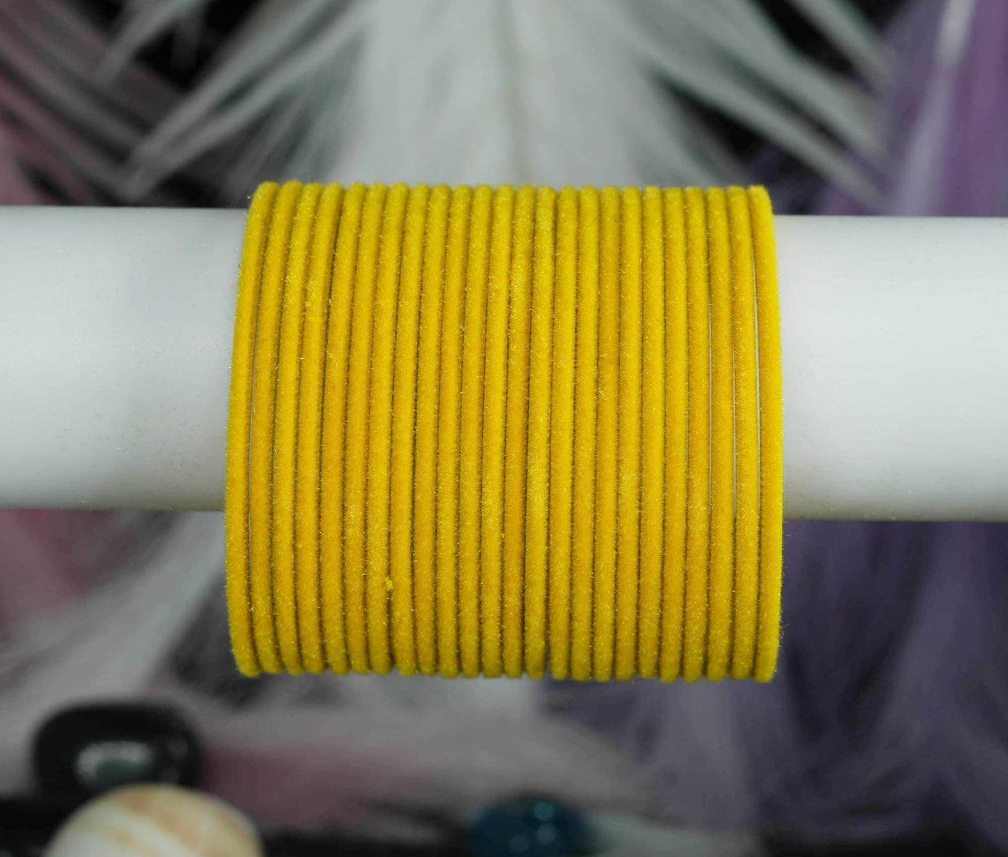 Mango Yellow Velvet Metal Bangles for Women & Girls (Pack of 24).