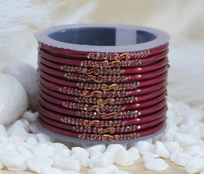 Traditional Glass Bangles with Zircon Beads Studded for Women & Girls (Pack of 12 bangles)