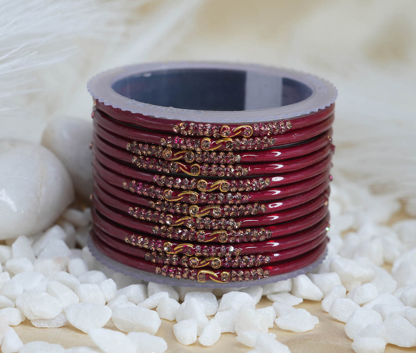 Traditional Glass Bangles with Zircon Beads Studded for Women & Girls (Pack of 12 bangles)