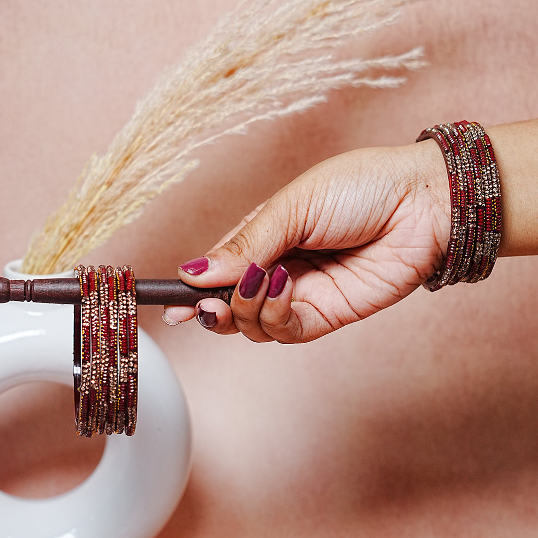 Handcrafted Glass Chudi Set with Golden Balls & Beads Work (Pack of- 12 Bangles)