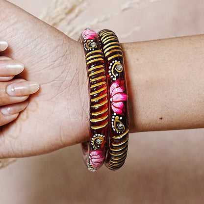 Elegant Lotus Design Printed Glass Kada for Women & Girls (Pack of 2)