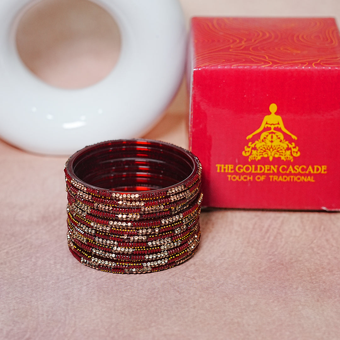 Handcrafted Glass Chudi Set with Golden Balls & Beads Work (Pack of- 12 Bangles)