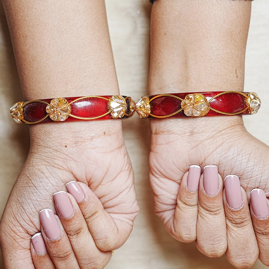 Flower Design Kundan Work Glass Kada Bangle for Women & Girls (Pack of 2)