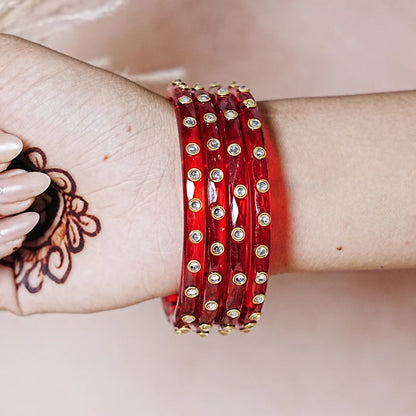 Fancy Glass Kada Bangles with Kundan Work and Smooth Finish for Women & Girls (Pack of 4)