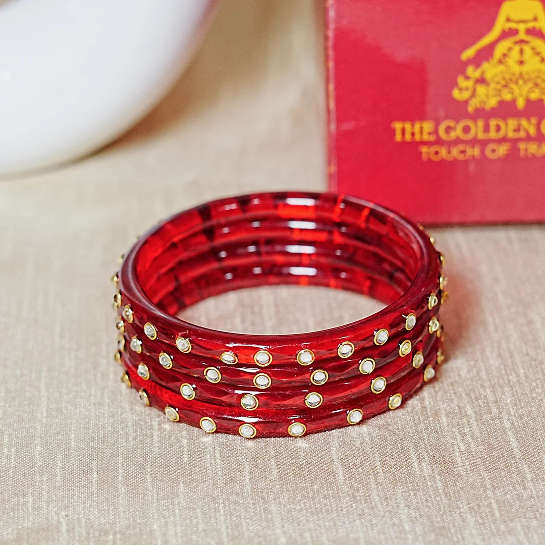 Fancy Glass Kada Bangles with Kundan Work and Smooth Finish for Women & Girls (Pack of 4)