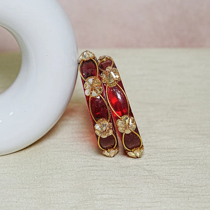 Flower Design Kundan Work Glass Kada Bangle for Women & Girls (Pack of 2)