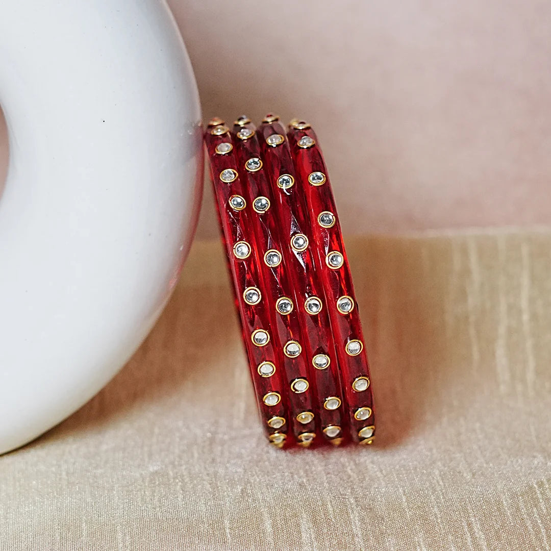 Fancy Glass Kada Bangles with Kundan Work and Smooth Finish for Women & Girls (Pack of 4)