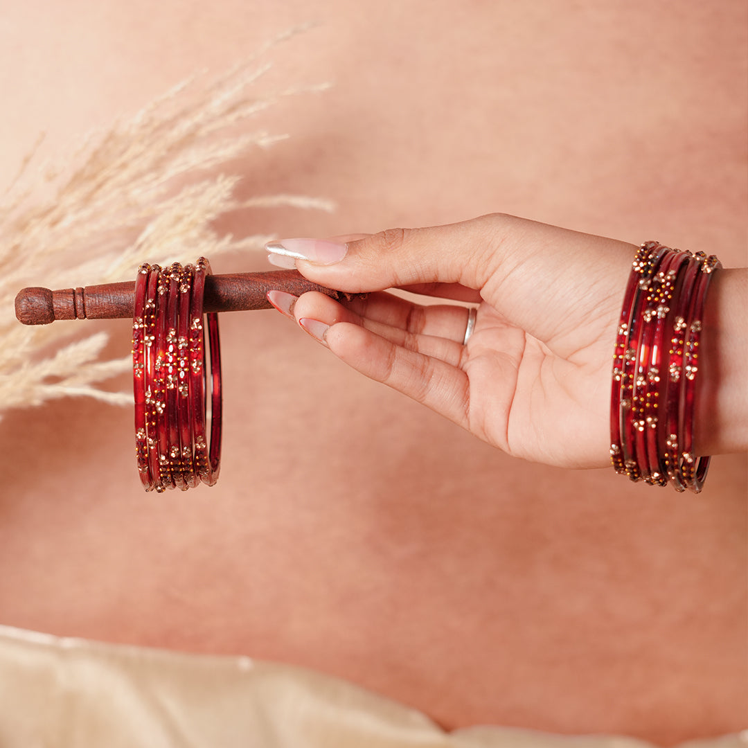 Glass Bangle with Beads Studded for Women & Girls (Pack of 12 Bangles)