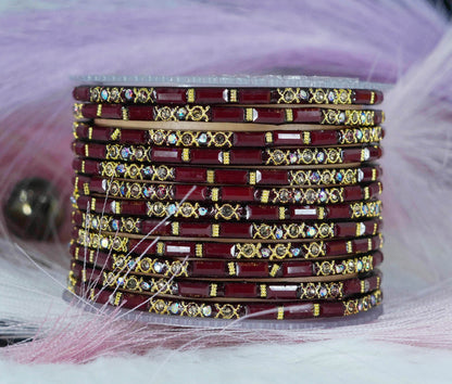 Zircon Gemstone Studded Glass Bangles for Women & Girls (Pack of 12 Bangles)