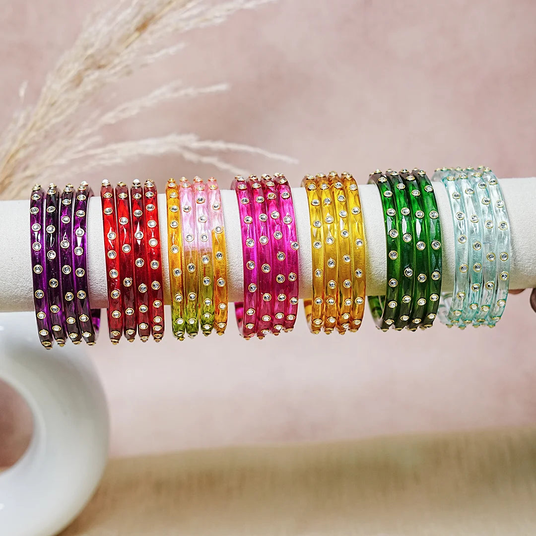 Fancy Glass Kada Bangles with Kundan Work and Smooth Finish for Women & Girls (Pack of 4)