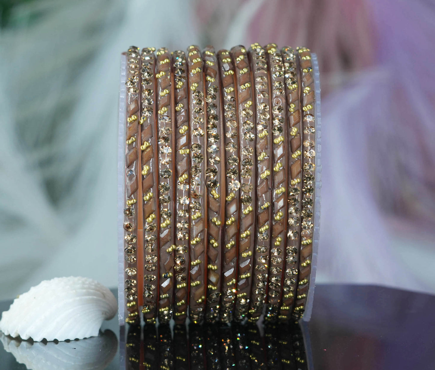 Glass Bangles with Gold Pearl Beads Studded for Women & Girls (Pack 12 Bangles)