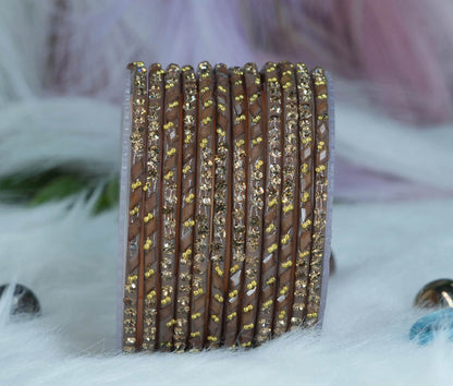 Glass Bangles with Gold Pearl Beads Studded for Women & Girls (Pack 12 Bangles)