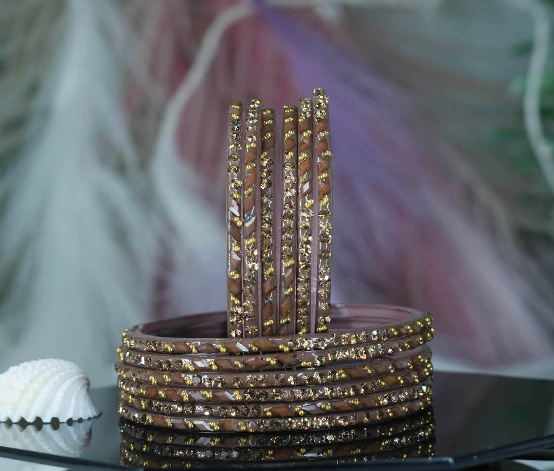Glass Bangles with Gold Pearl Beads Studded for Women & Girls (Pack 12)