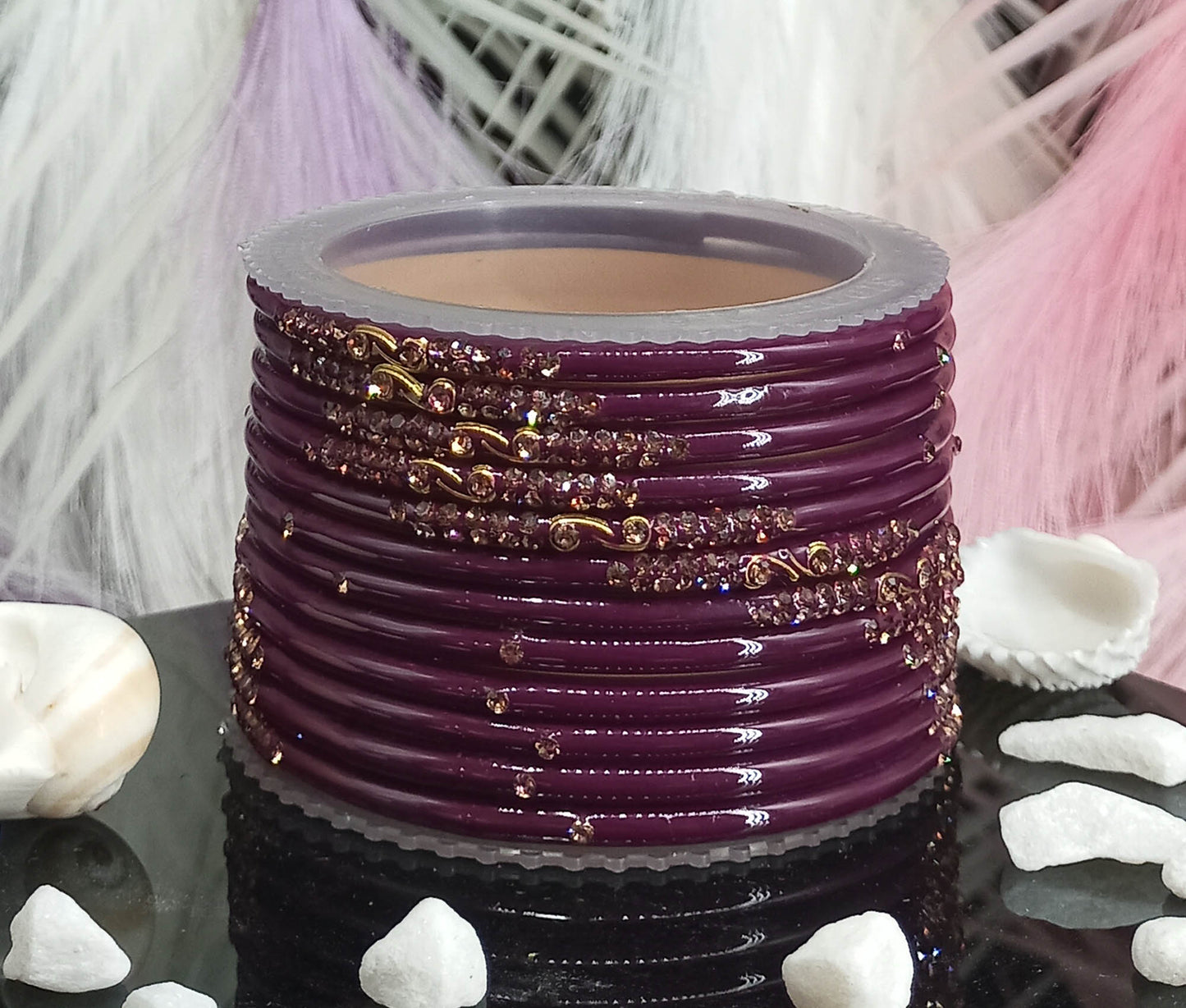Traditional Glass Bangles with Zircon Beads Studded for Women & Girls (Pack of 12 bangles)