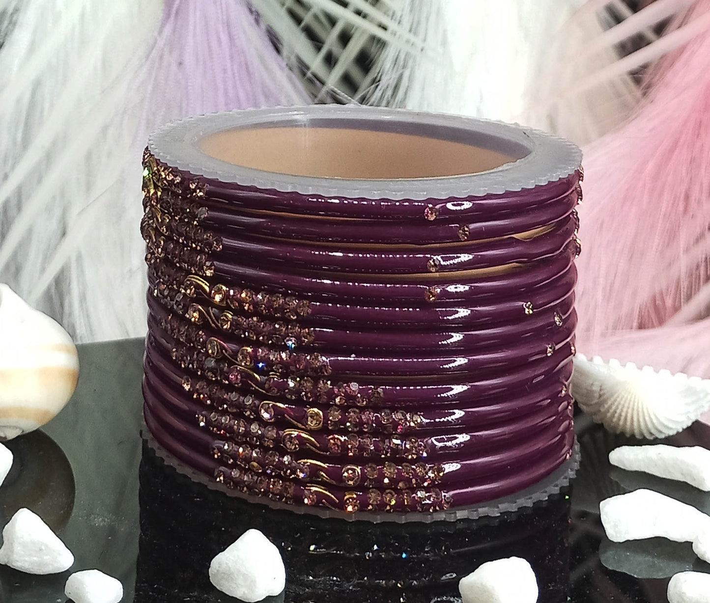 Traditional Glass Bangles with Zircon Beads Studded for Women & Girls (Pack of 12 bangles)