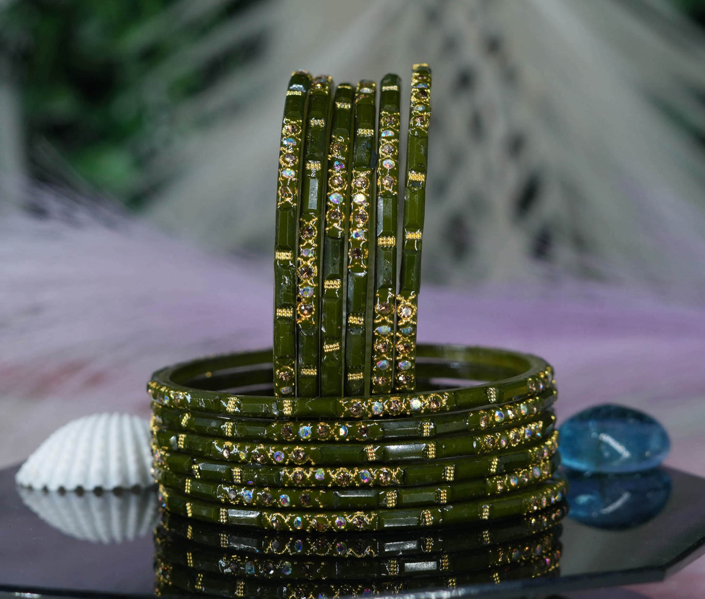 Zircon Gemstone Studded Glass Bangles for Women & Girls (Pack of 12 Bangles)