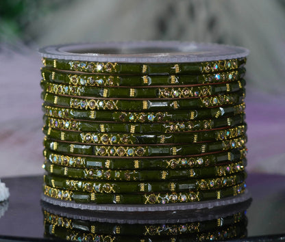 Zircon Gemstone Studded Glass Bangles for Women & Girls (Pack of 12 Bangles)