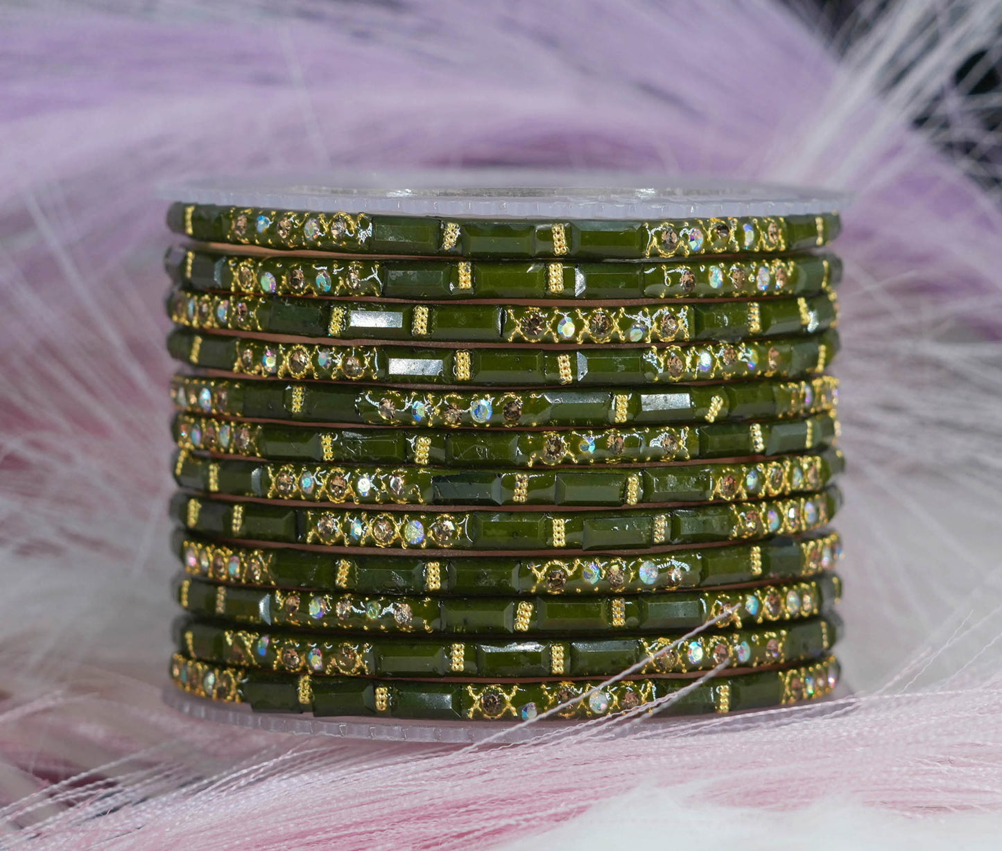 Zircon Gemstone Studded Glass Bangles for Women & Girls (Pack of 12 Bangles)