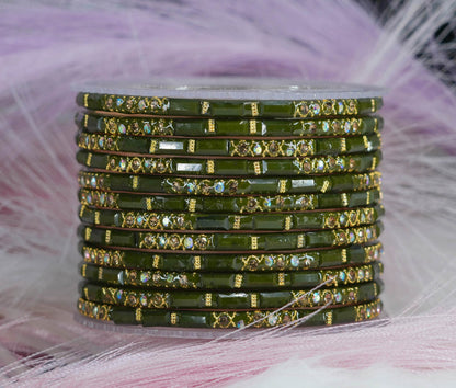 Zircon Gemstone Studded Glass Bangles for Women & Girls (Pack of 12 Bangles)