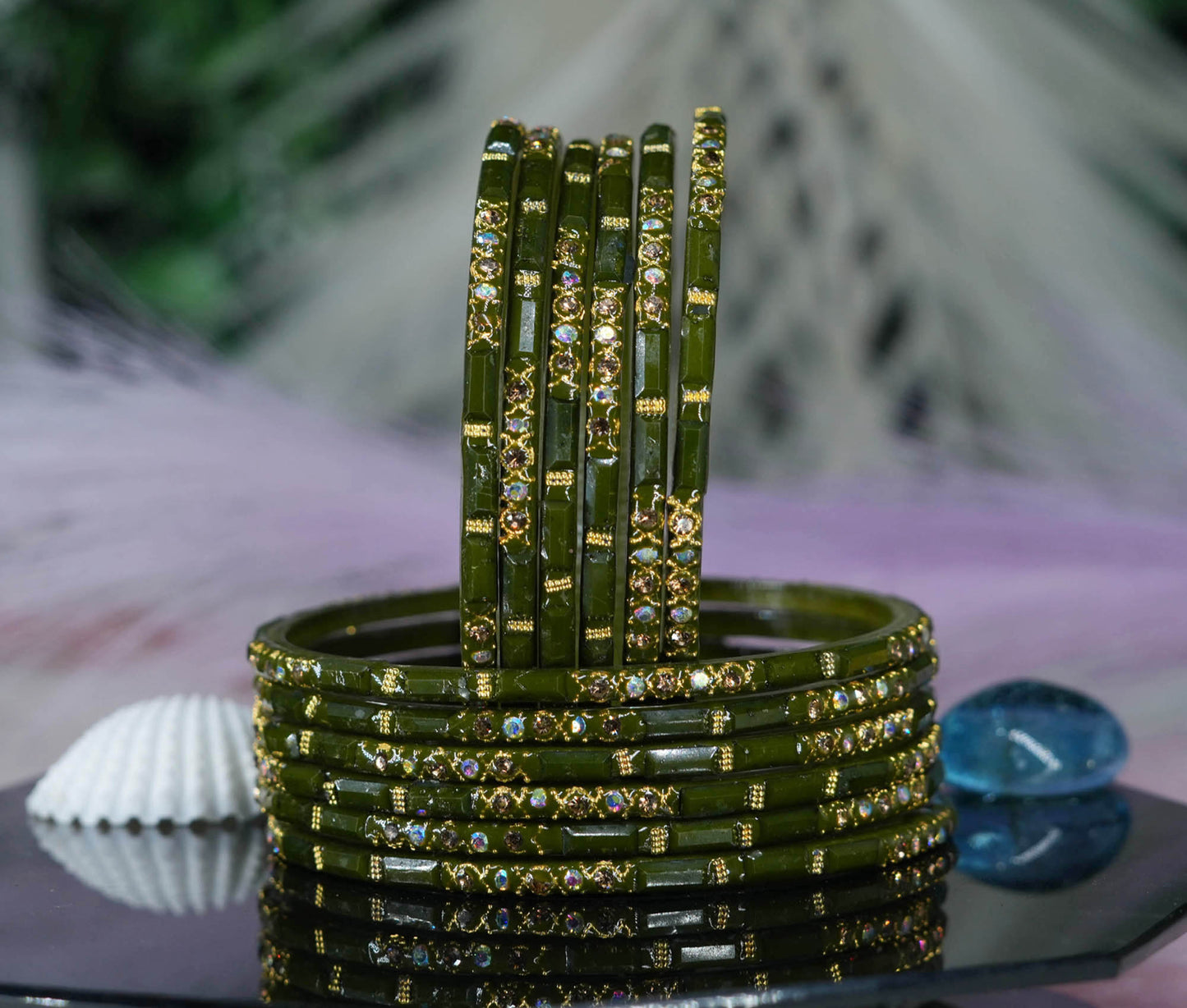 Zircon Gemstone Studded Glass Bangles for Women & Girls (Pack of 12 Bangles)
