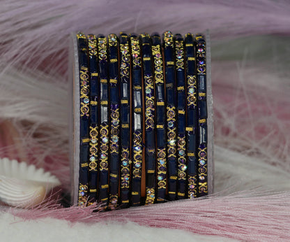 Zircon Gemstone Studded Glass Bangles for Women & Girls (Pack of 12 Bangles)