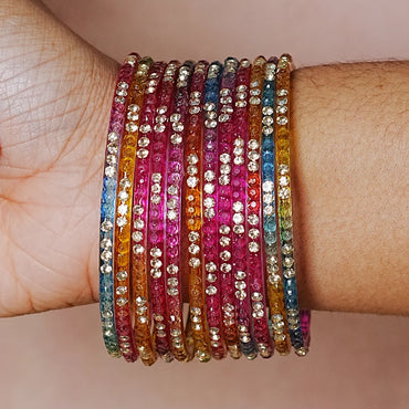 Traditional Indian Glass Bangles for Women with Stone Work (Pack of 12)