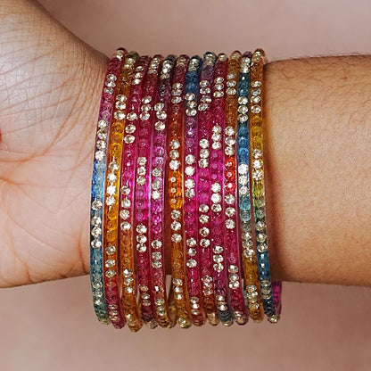 Traditional Indian Glass Bangles for Women with Stone Work (Pack of 12)