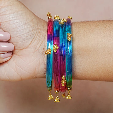 Premium Crystal Glass Kada Bangles with Gold Jhumki Studded for Women (Pack of 4)