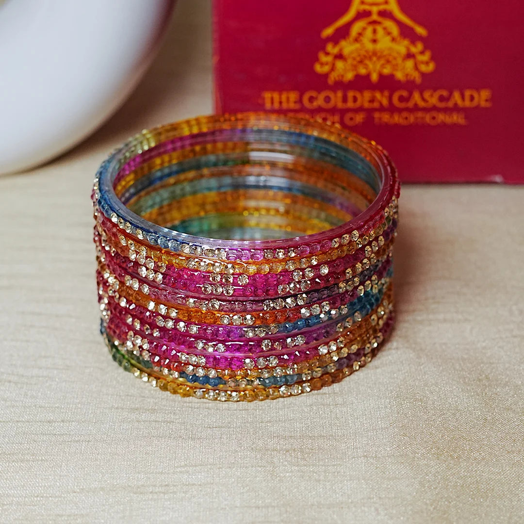 Traditional Indian Glass Bangles for Women with Stone Work (Pack of 12)