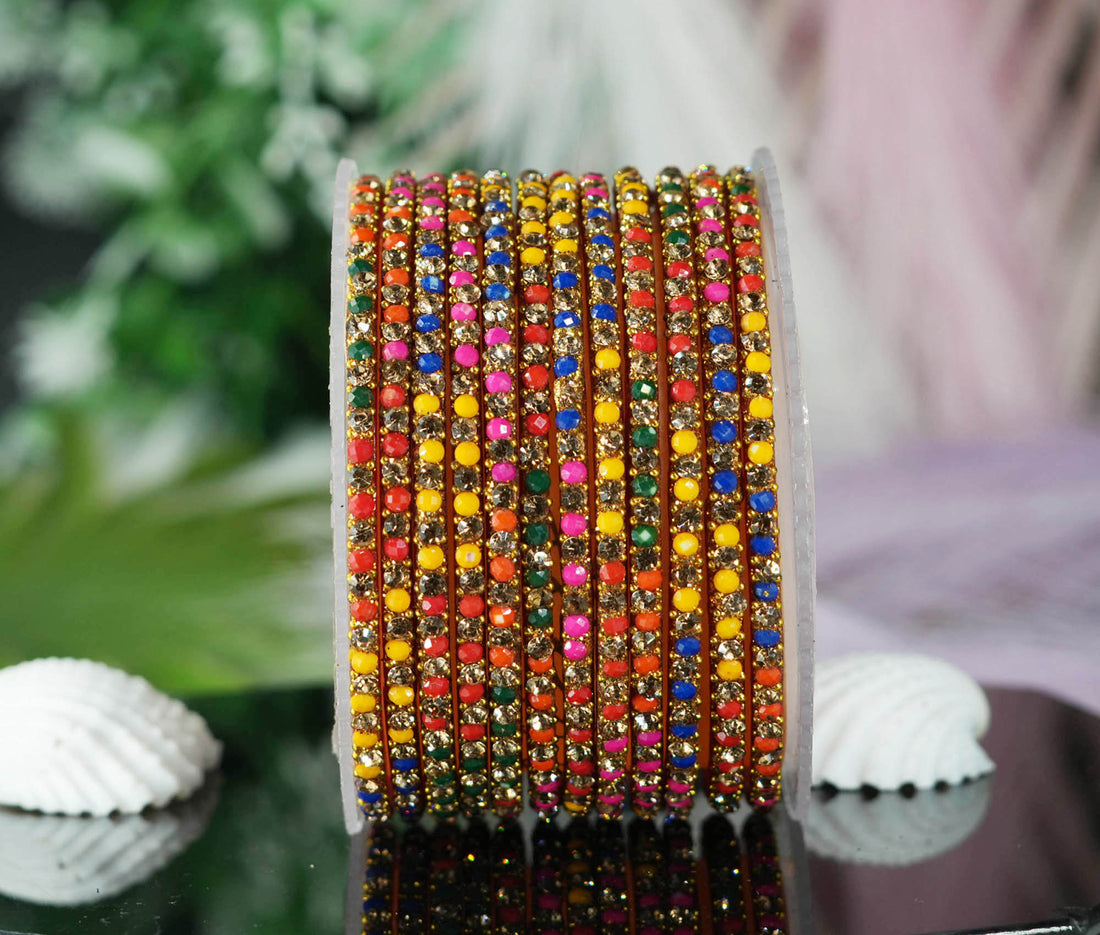 Beautiful Glass Bangles for Women & Girls | Crystal Beads Stone Work Multiple Color Chudiyan