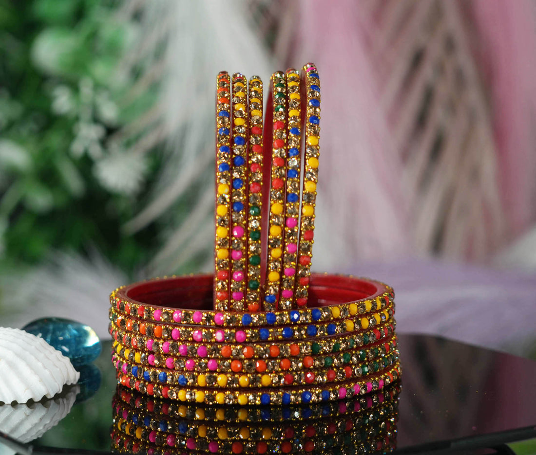 Beautiful Glass Bangles for Women & Girls | Crystal Beads Stone Work Multiple Color Chudiyan