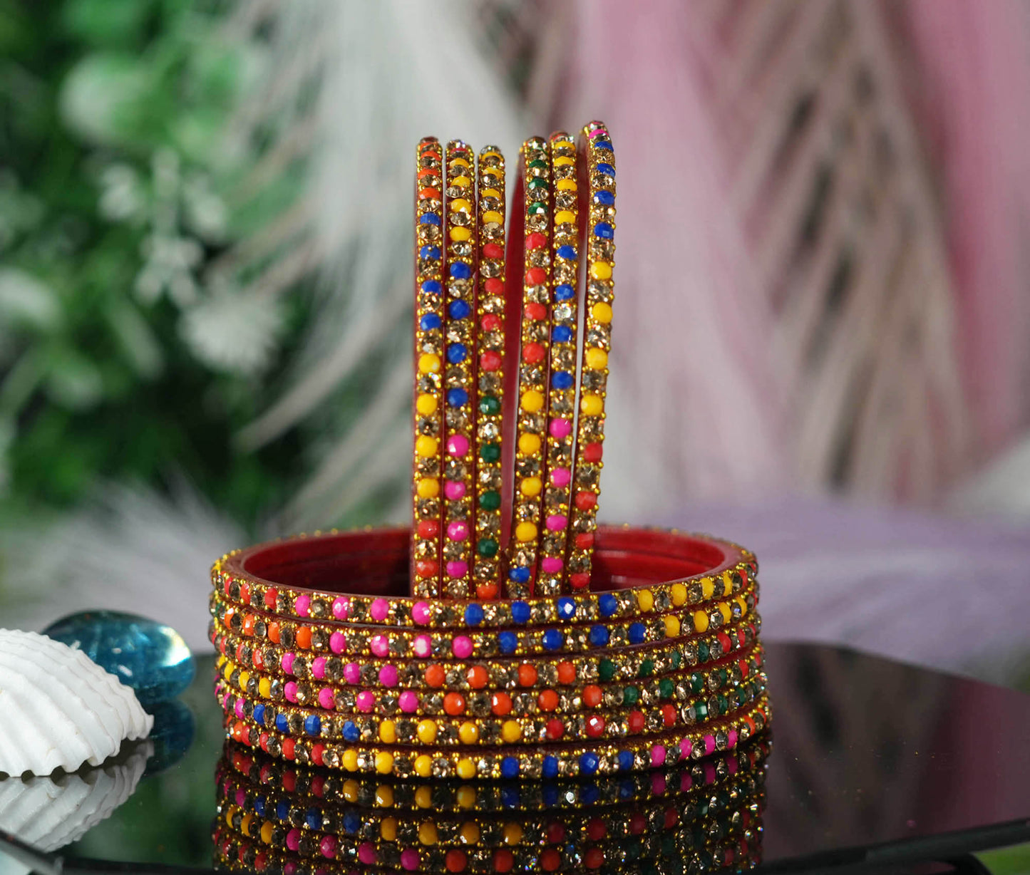 Glass Bangles with Beads Studded for Women & Girls | Multiple Color Chudiyan (Pack of 12 Bangles)